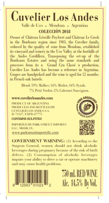 TABC label artwork for Cuvelier Los Andes Coleccion 2018