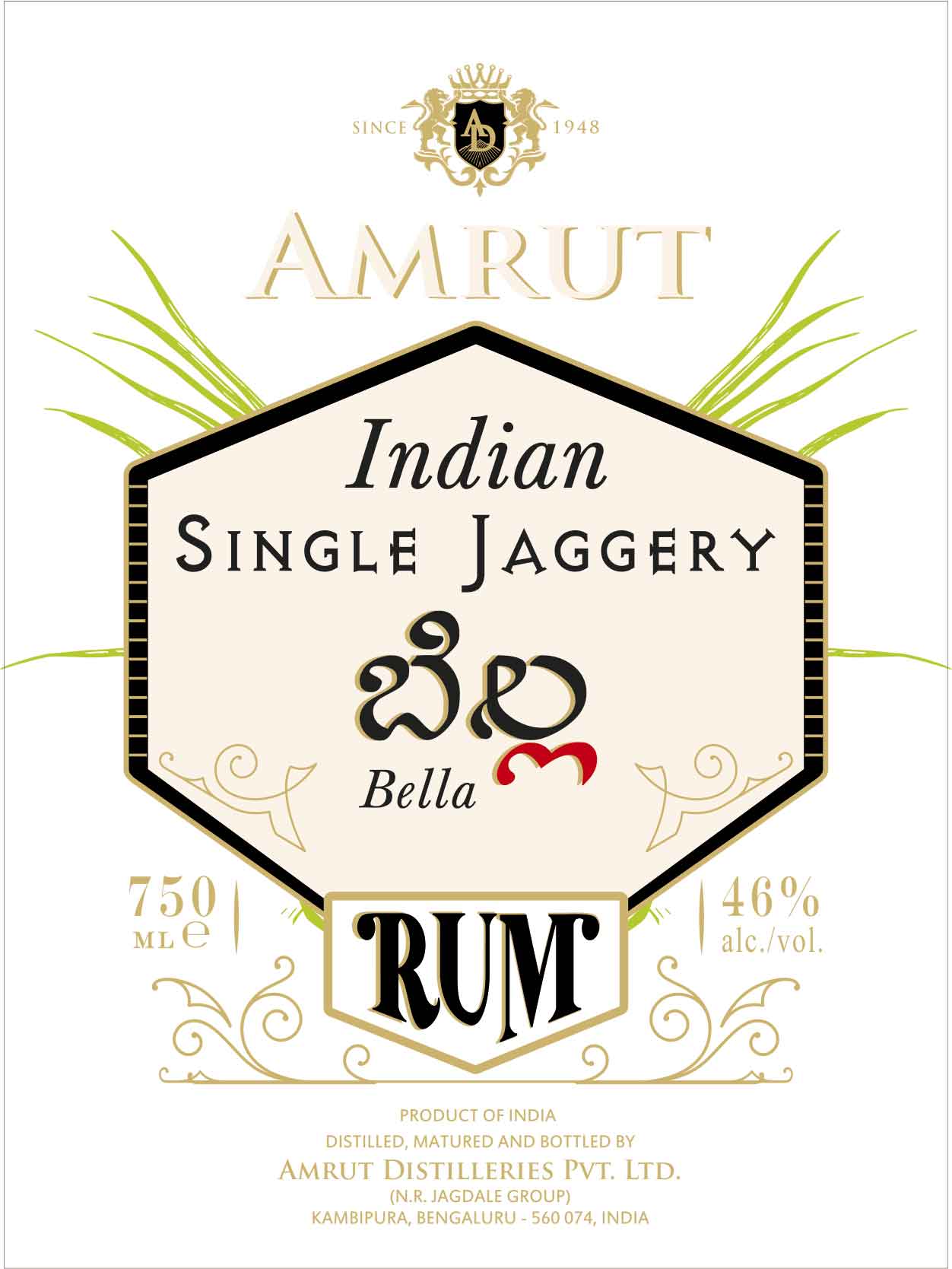 TABC label artwork for Amrut Single Jaggery Rum Bella 5yo