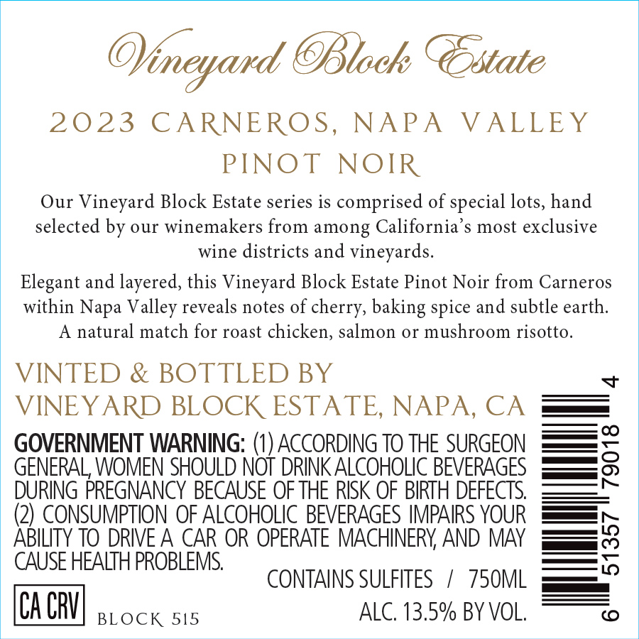 TABC label artwork for VINEYARD BLOCK ESTATE BLOCK 515 PINOT NOIR