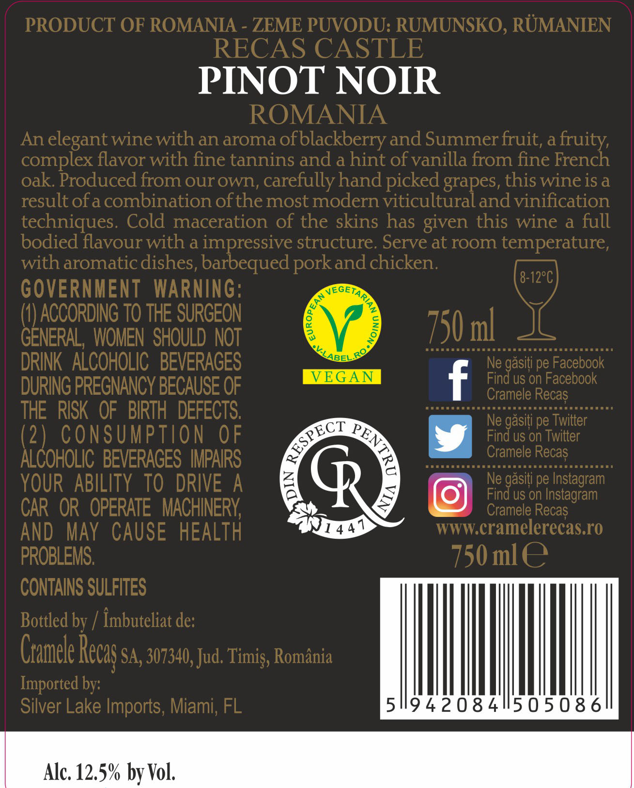 TABC label artwork for Recas Castle Pinot Noir