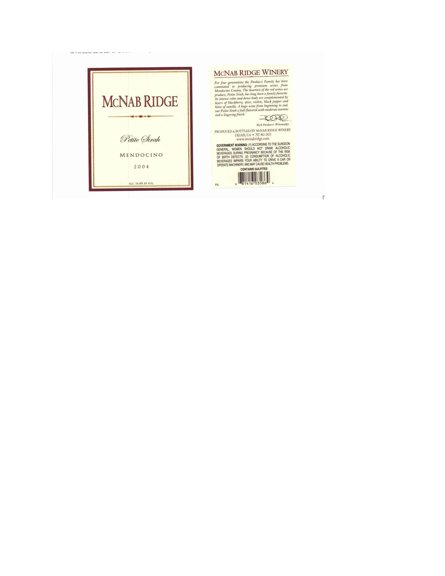 TABC label artwork for McNab Ridge Petite Sirah, Mendocino