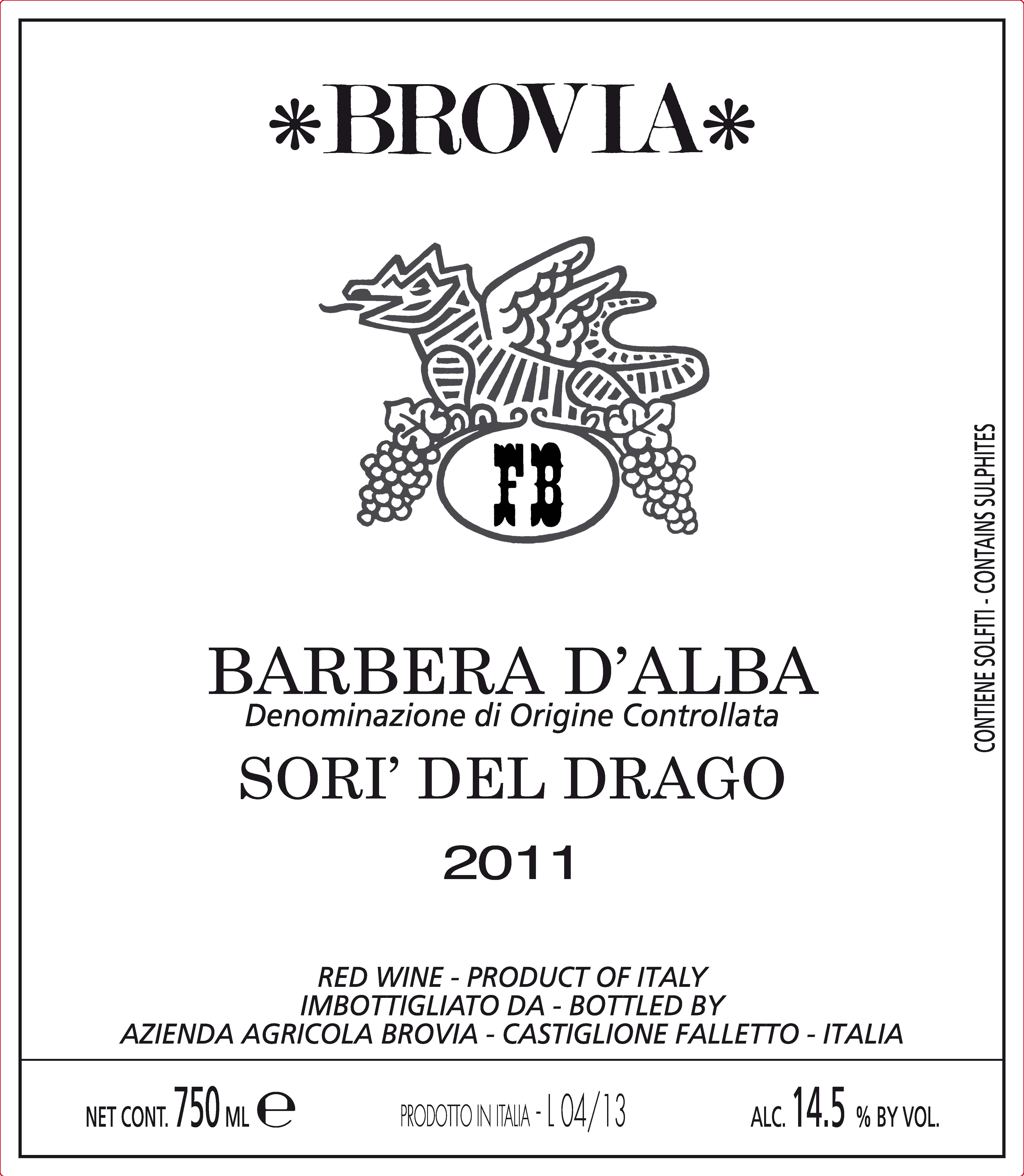 TABC label artwork for Brovia Barbera d'Alba Sori del Drago