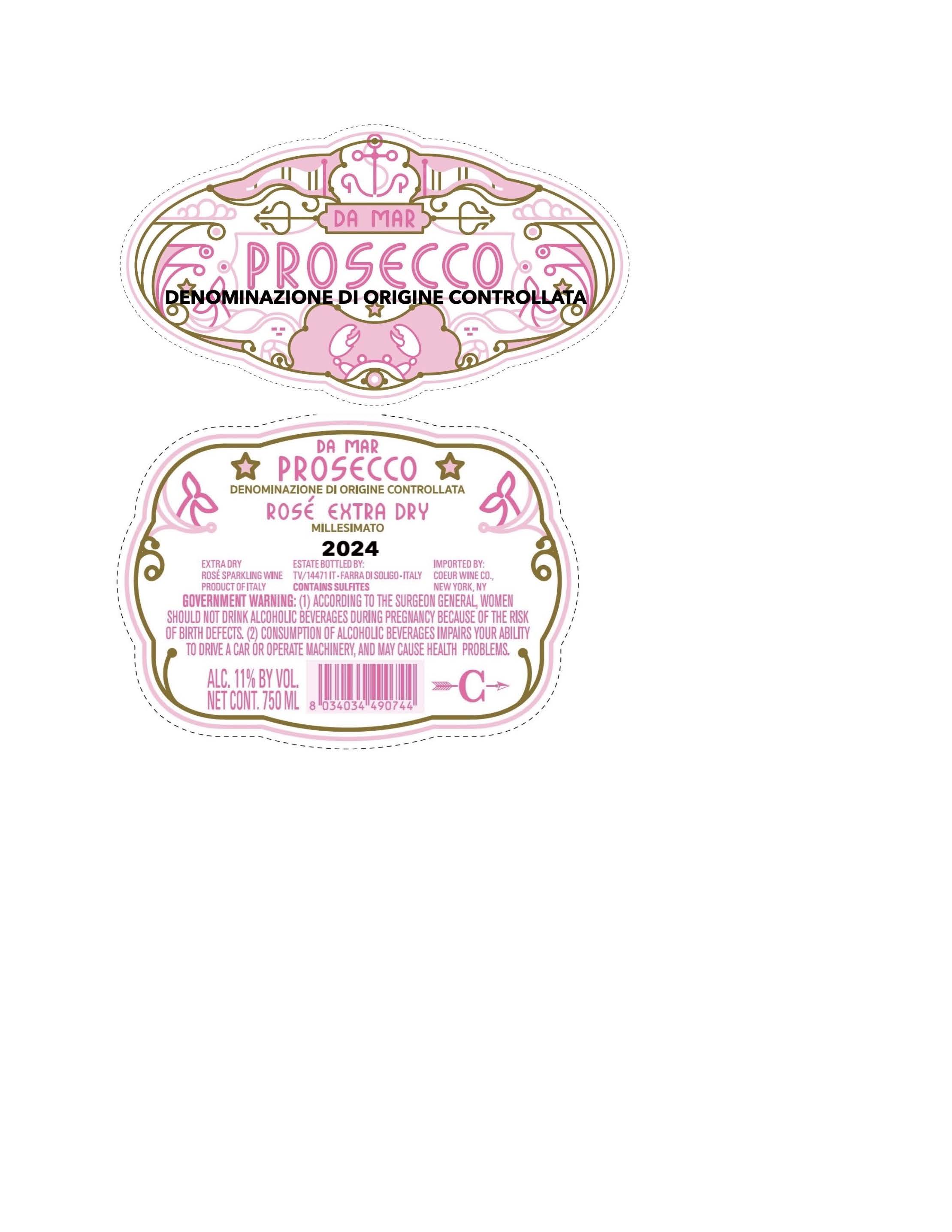 TABC label artwork for Da Mar Prosecco Rose 2024