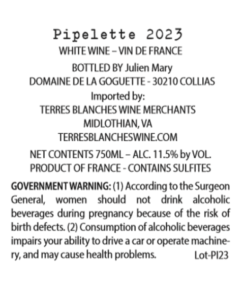 TABC label artwork for DOMAINE DE LA GOGUETTE Pipelette 2023