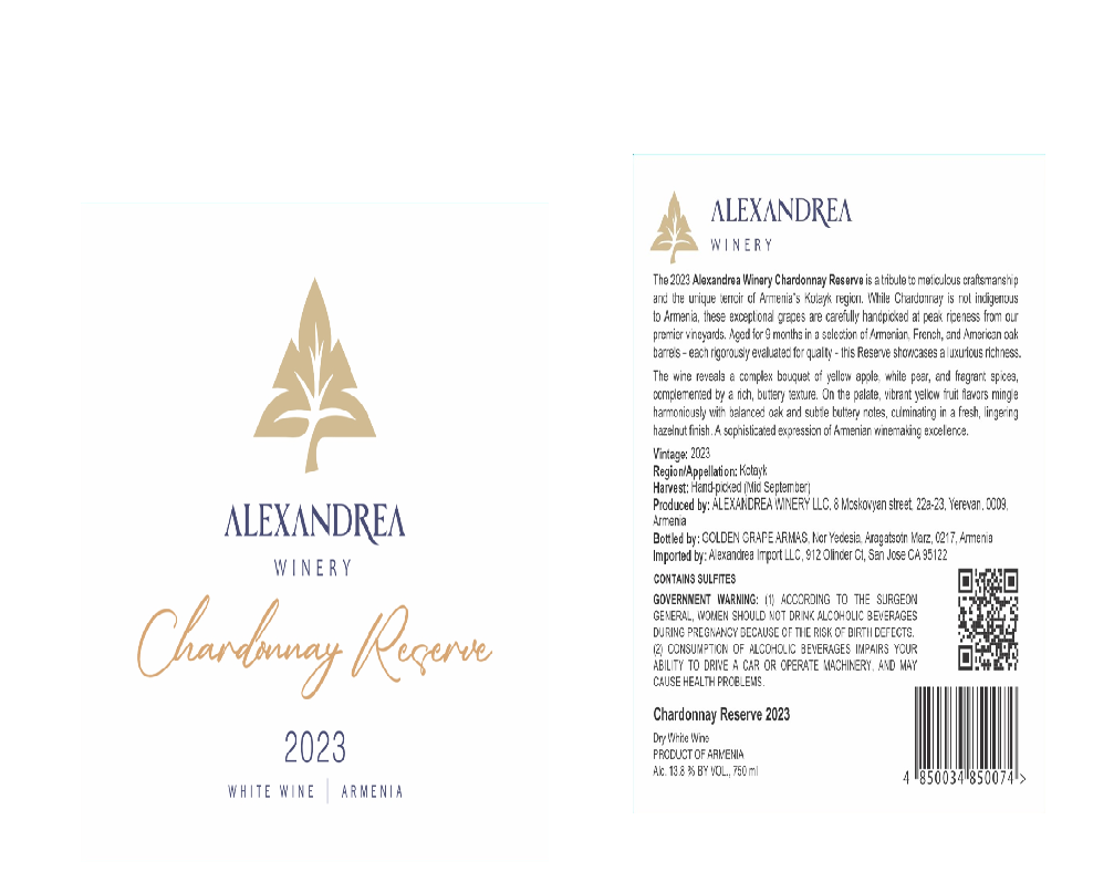 TABC label artwork for ALEXANDREA WINERY CHARDONNAY