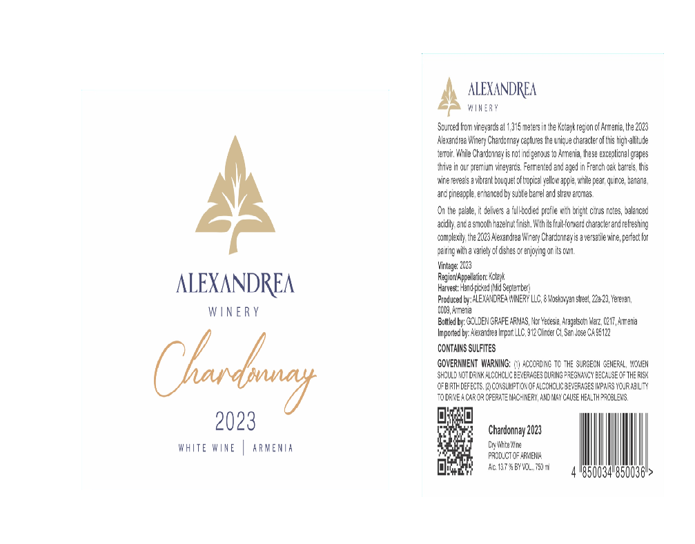 TABC label artwork for ALEXANDREA WINERY CHARDONNAY