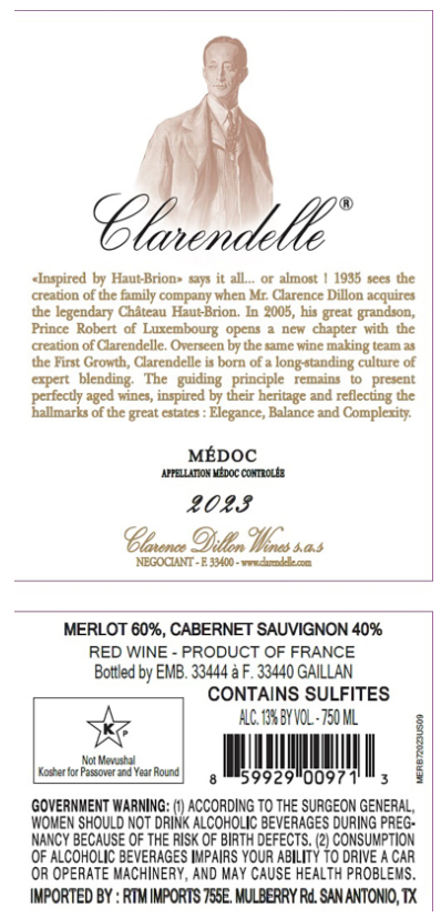 TABC label artwork for Clarendelle Kosher