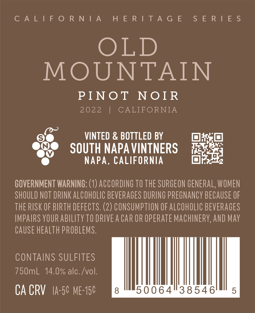 TABC label artwork for Old Mountain Pinot Noir California