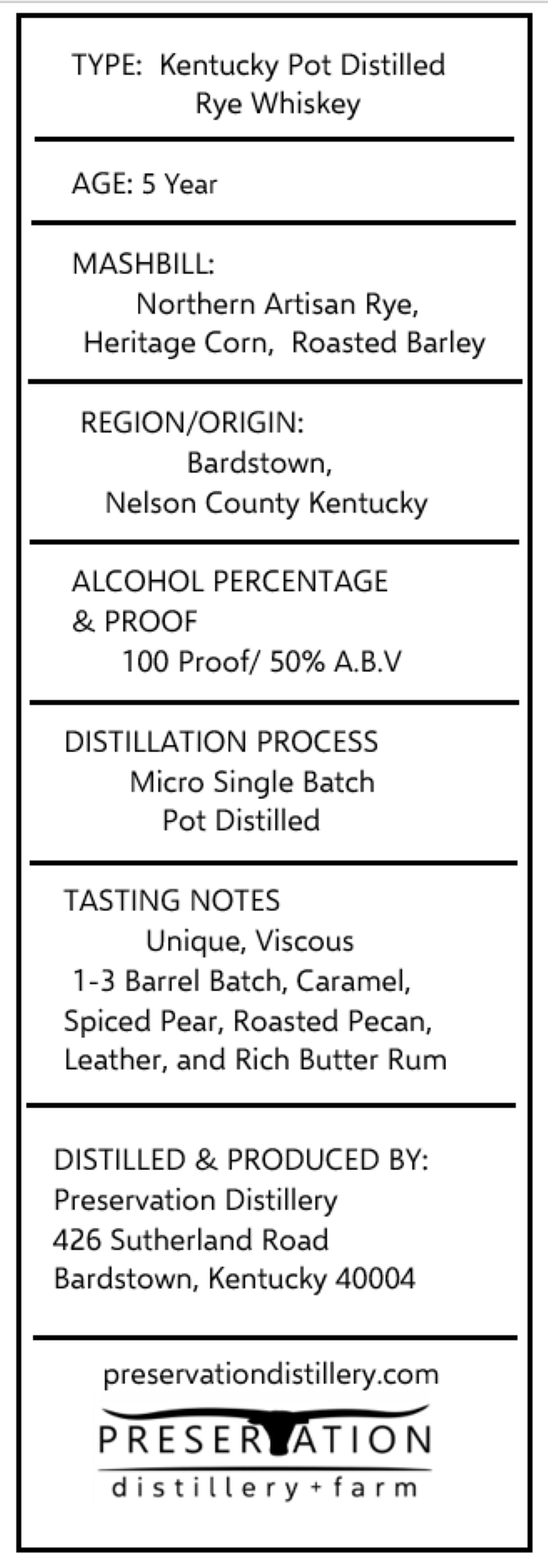 TABC label artwork for Preservation Rye Whiskey