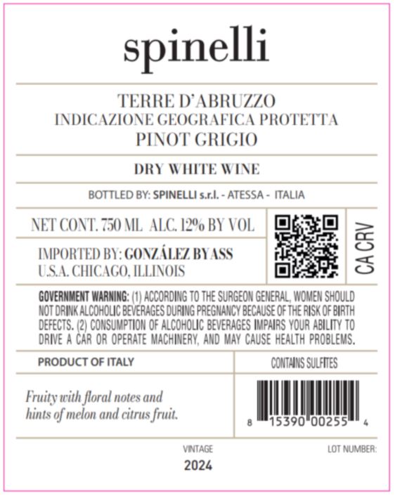TABC label artwork for SPINELLI PINOT GRIGIO