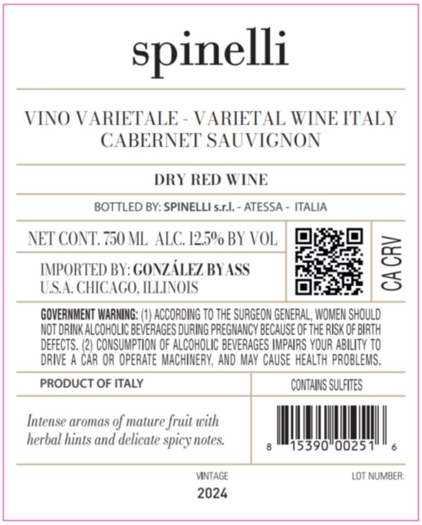 TABC label artwork for SPINELLI CABERNET SAUVIGNON