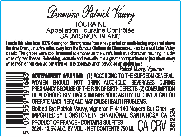 TABC label artwork for Domaine Patrick Vauvy Touraine Sauvignon Blanc, France