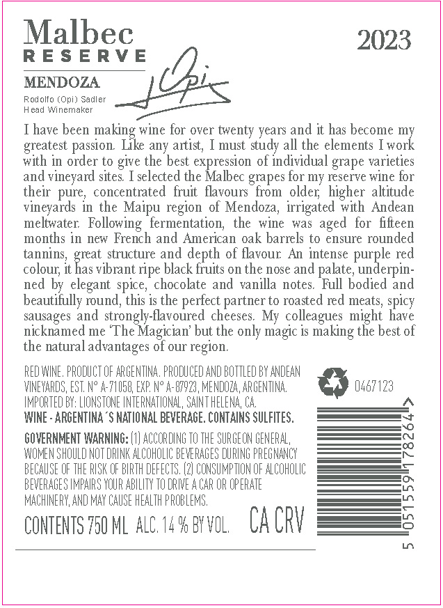 TABC label artwork for J Opi Reserve Mendoza Malbec, Argentina