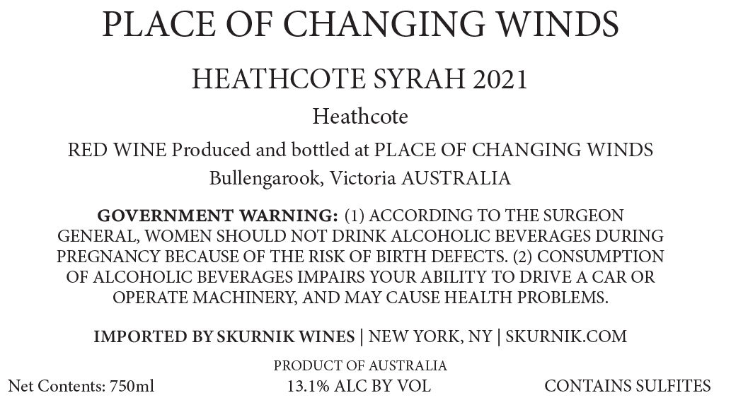 TABC label artwork for Syrah 'Heathcote", Place of Changing Winds