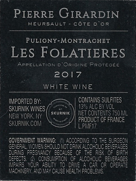 TABC label artwork for Puligny-Montrachet "Les Folatieres", Pierre Girardin