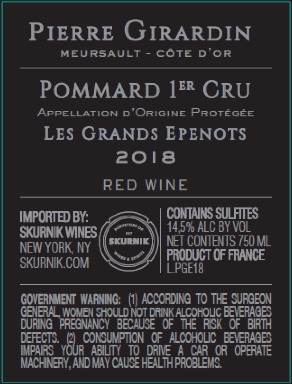 TABC label artwork for Pommard 1er "Les Grands Epenots", Pierre Girardin