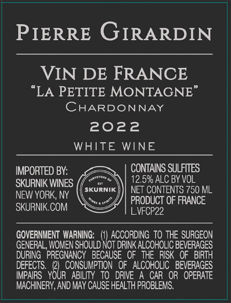 TABC label artwork for Vin de France Chardonnay "La Petite Montagne", Pierre Girardin