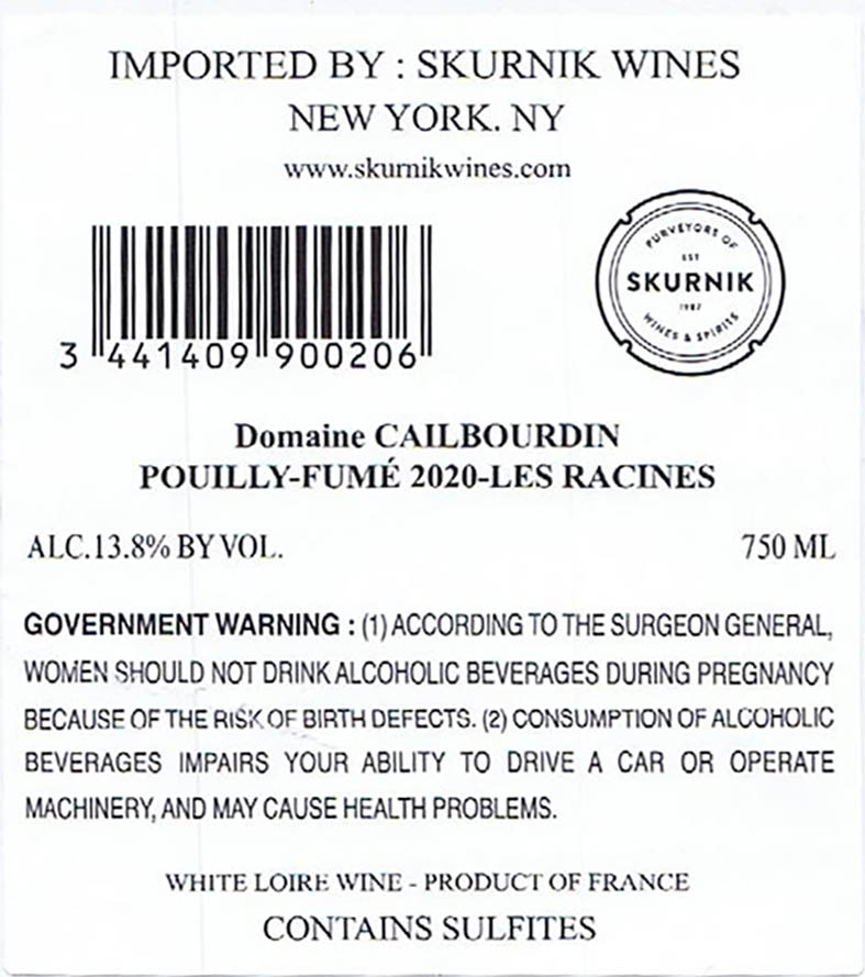 TABC label artwork for Pouilly-Fume "Les Racines", Domaine Alain Cailbourdin