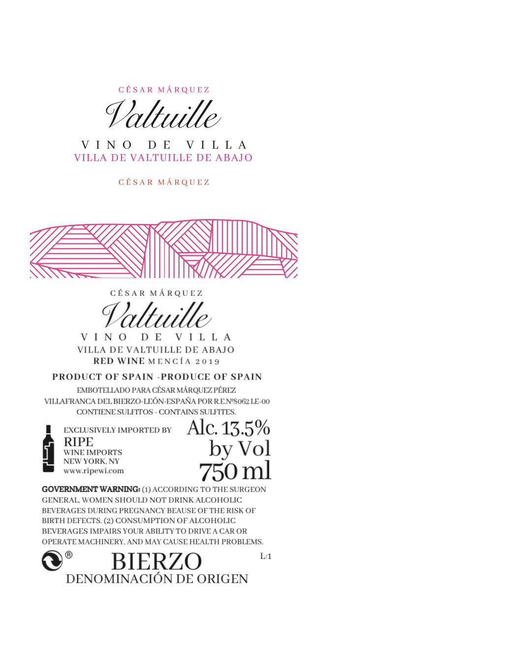 TABC label artwork for Cesar Marquez Perez, Valtuille Mencia, Bierzo