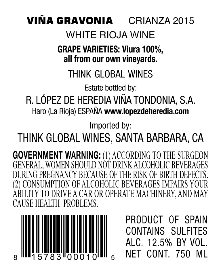 TABC label artwork for R. LOPEZ DE HEREDIA VIÑA TONDONIA VIÑA GRAVONIA CRIANZA VIURA RIOJA