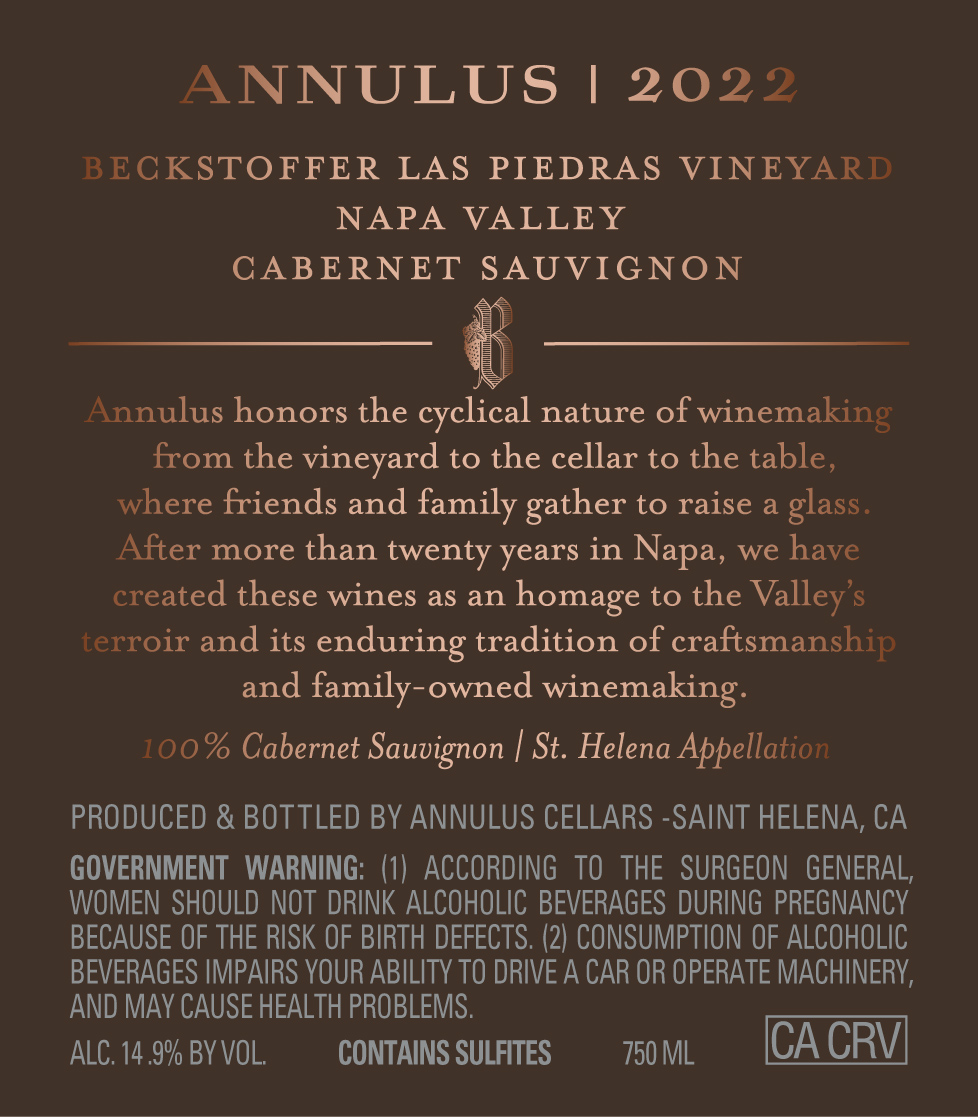 TABC label artwork for Annulus Beckstoffer Las Piedras Vineyard Cabernet Sauvignon St. Helena 1106