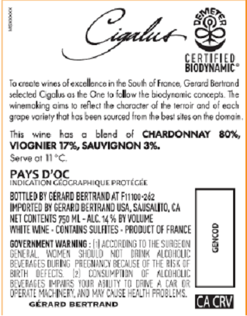 TABC label artwork for Gerard Bertrand Cigalus Pays d'Oc Chardonnay, Viognier, Sauvignon