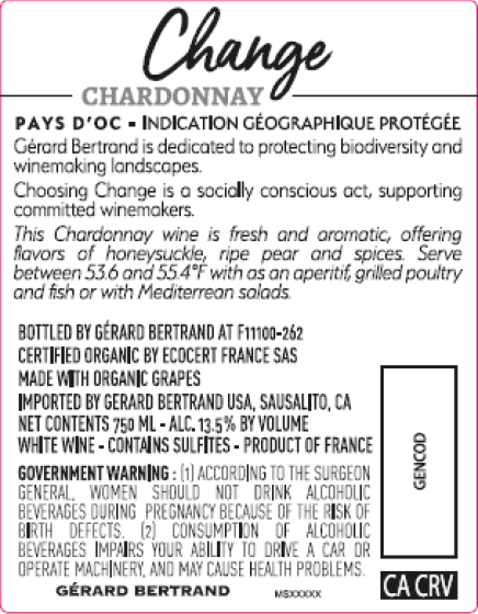 TABC label artwork for Gerard Bertrand Change Pays d'Oc Chardonnay