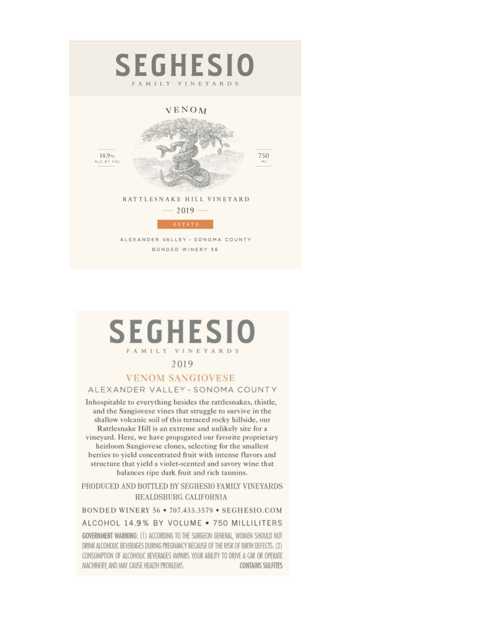 TABC label artwork for Seghesio Family Vineyards Venom- Rattlesnake Hill Vineyard Sangiovese