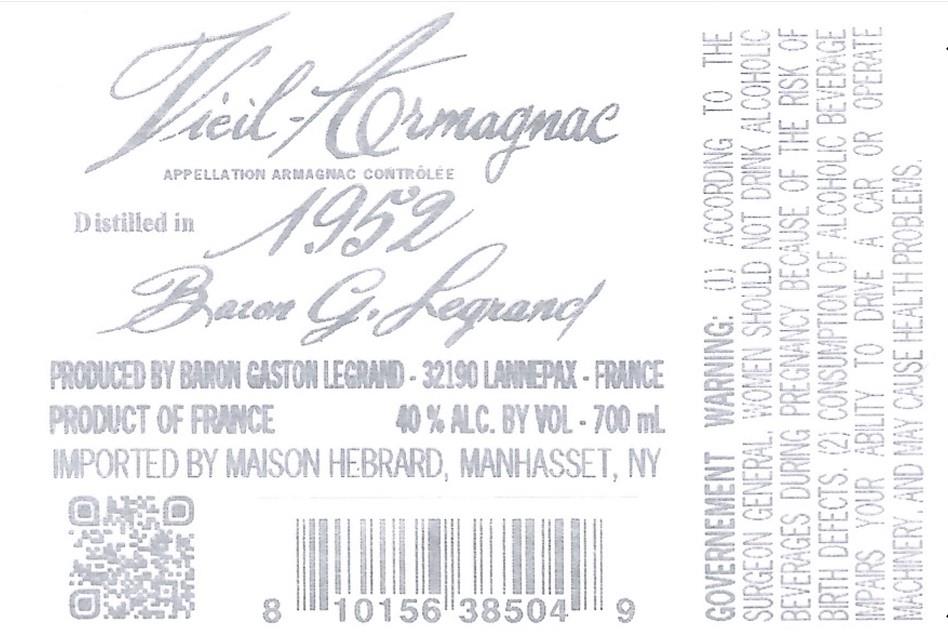 TABC label artwork for Baron Gaston Legrand Armagnac Distilled In 1952