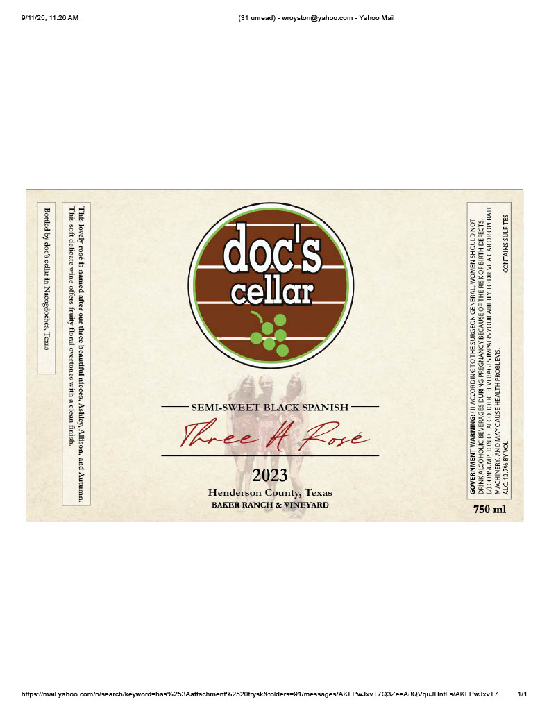 TABC label artwork for Doc's Cellar Three A Rose Semi-Sweet Black Spanish