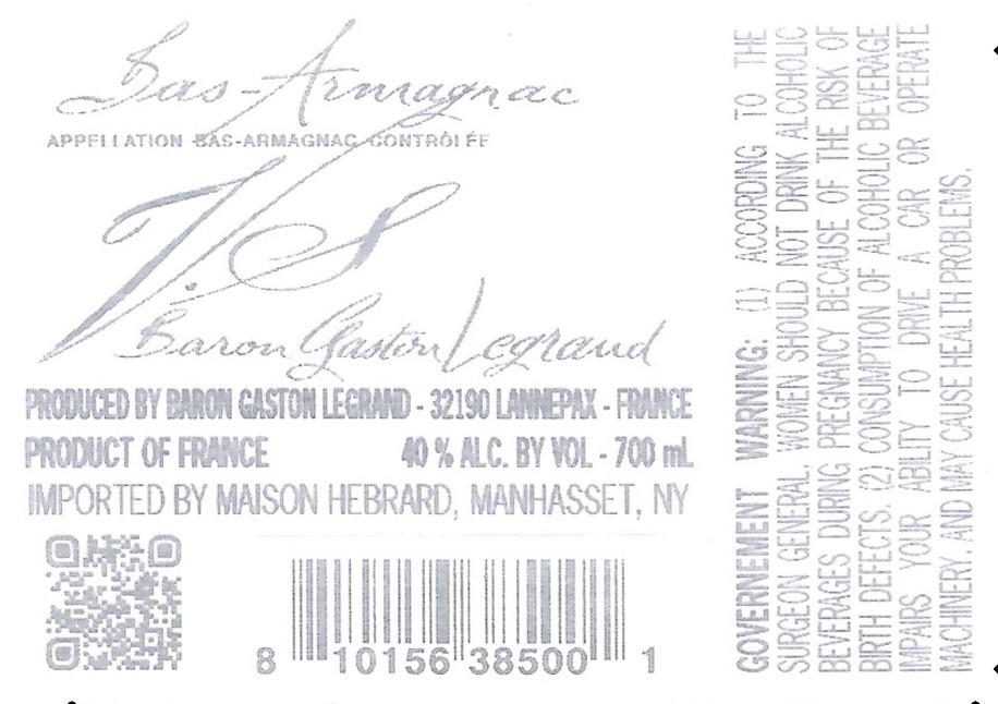 TABC label artwork for Baron Gaston Legrand Armagnac VS