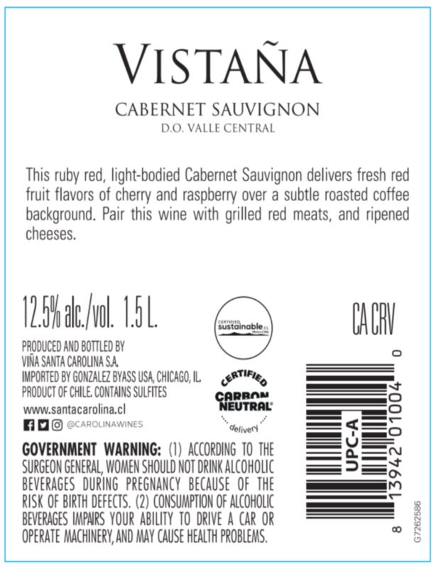 TABC label artwork for VISTANA CABERNET SAUVIGNON