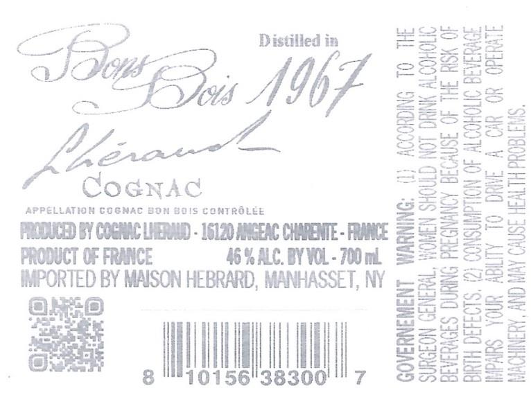 TABC label artwork for Cognac Lheraud Distilled In 1967