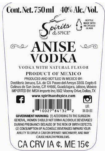 TABC label artwork for SPIRITS & SPICE ANISE