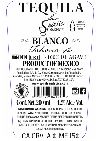 TABC label artwork for SPIRITS & SPICE BLANCO TAHONA 42