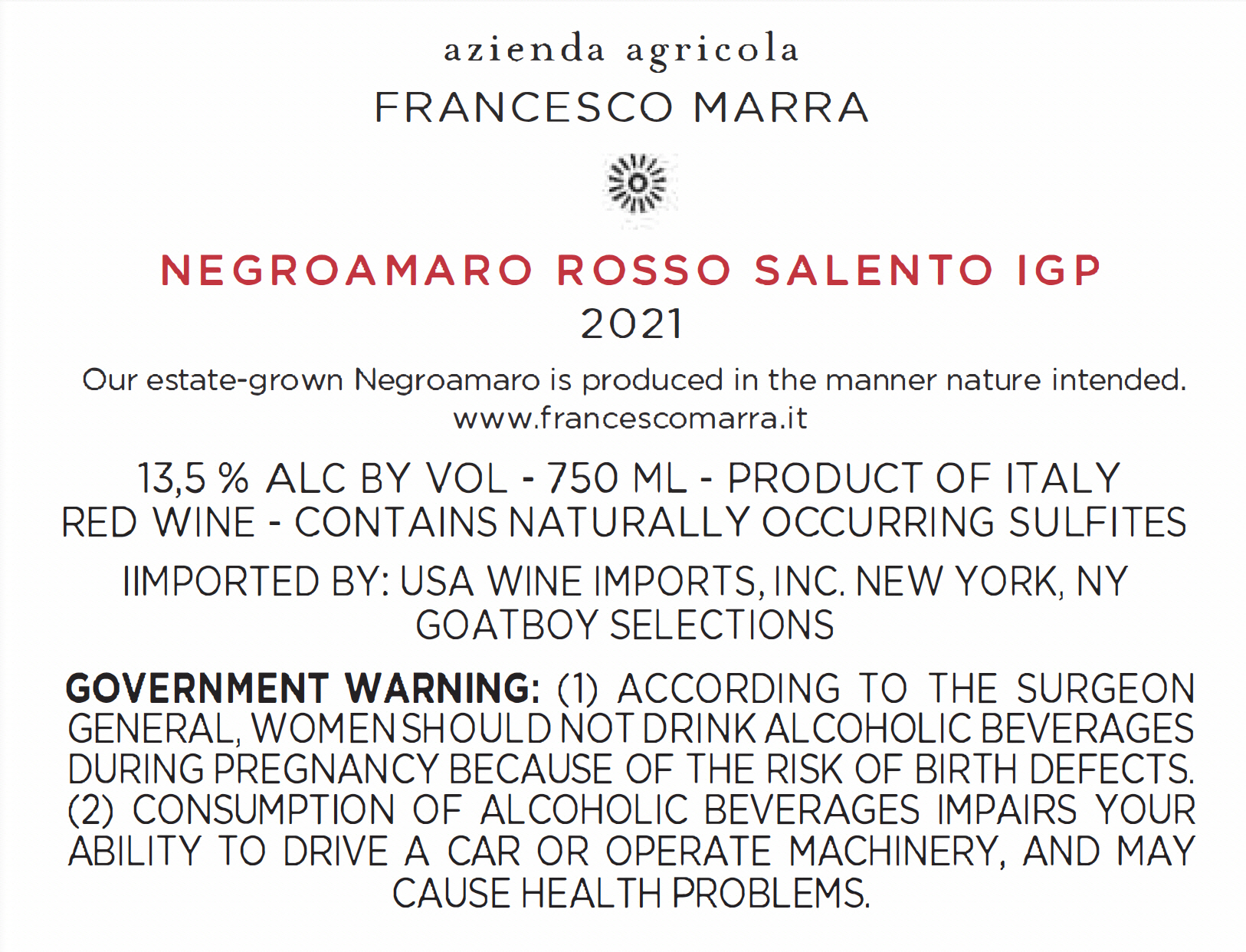 TABC label artwork for Francesco Marra Rosso