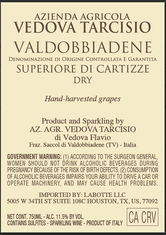 TABC label artwork for AZIENDA AGRICOLA VEDOVA TARCISIO CARTIZZE