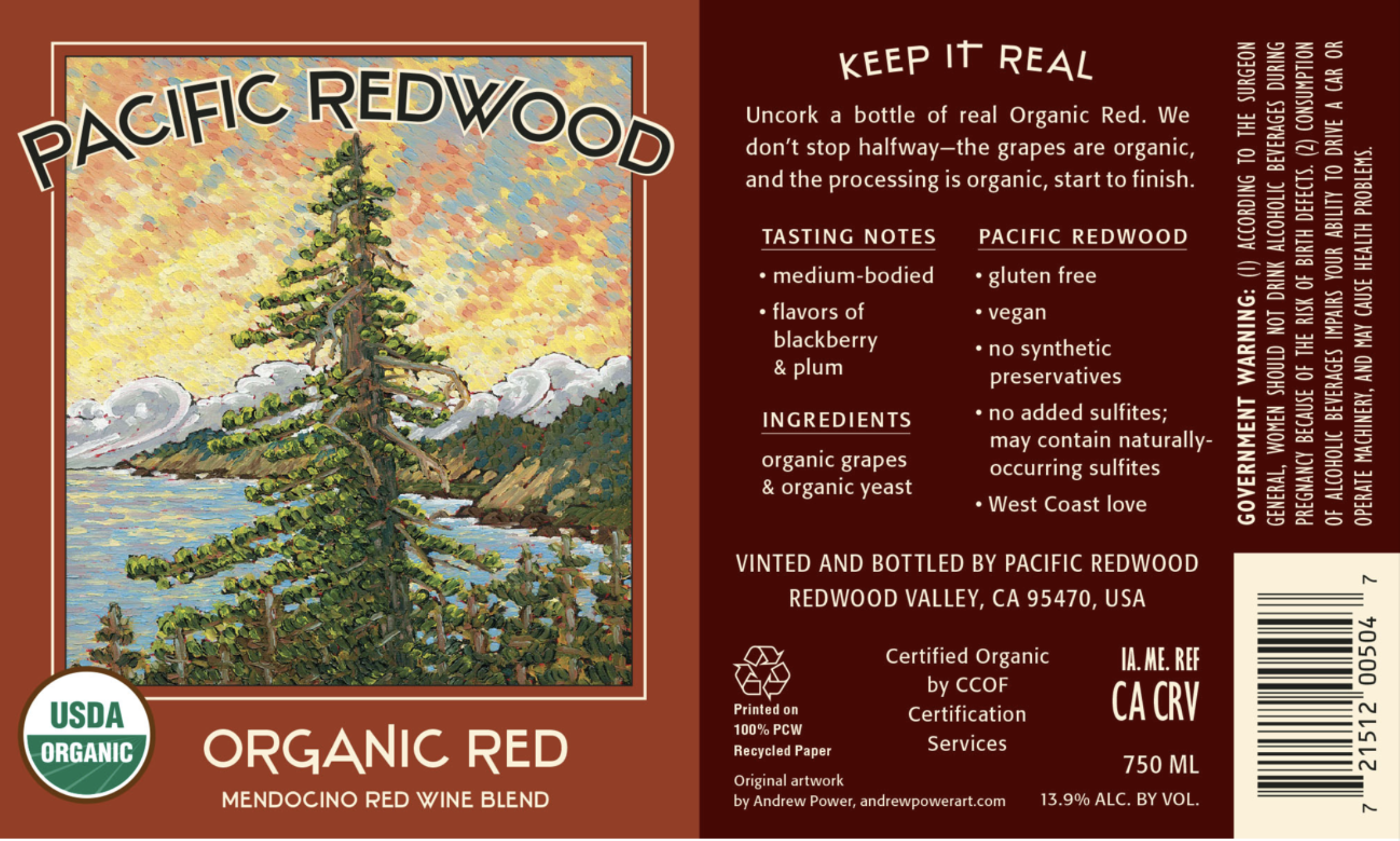 TABC label artwork for Pacific Redwood Organic Red