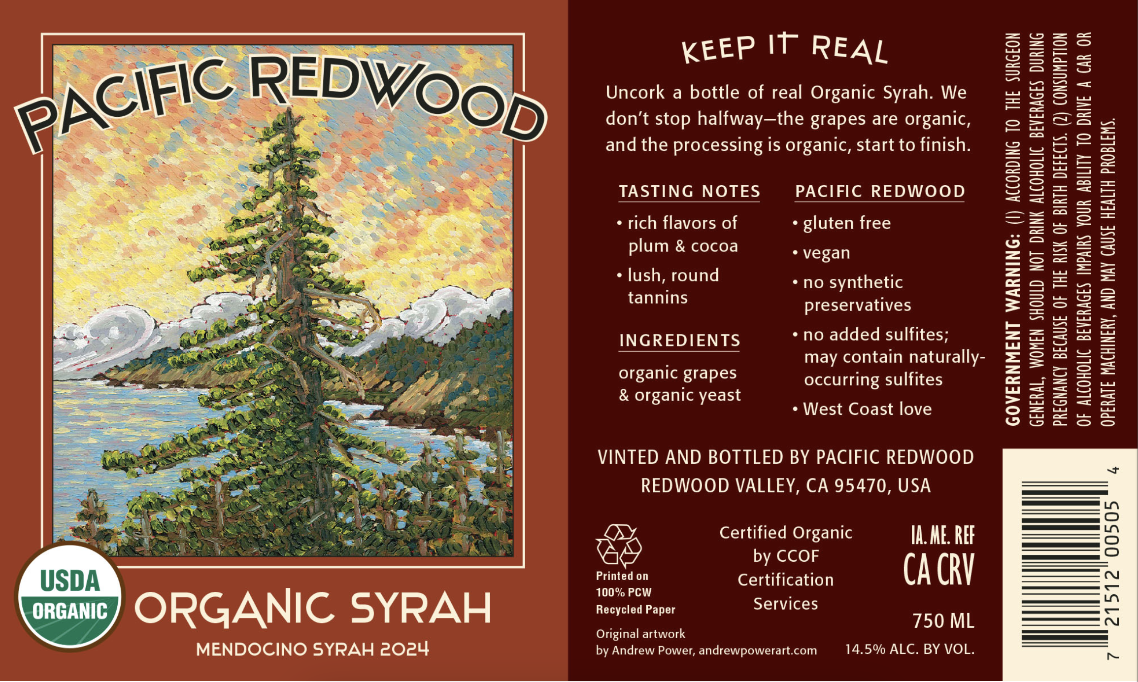 TABC label artwork for Pacific Redwood Organic Syrah