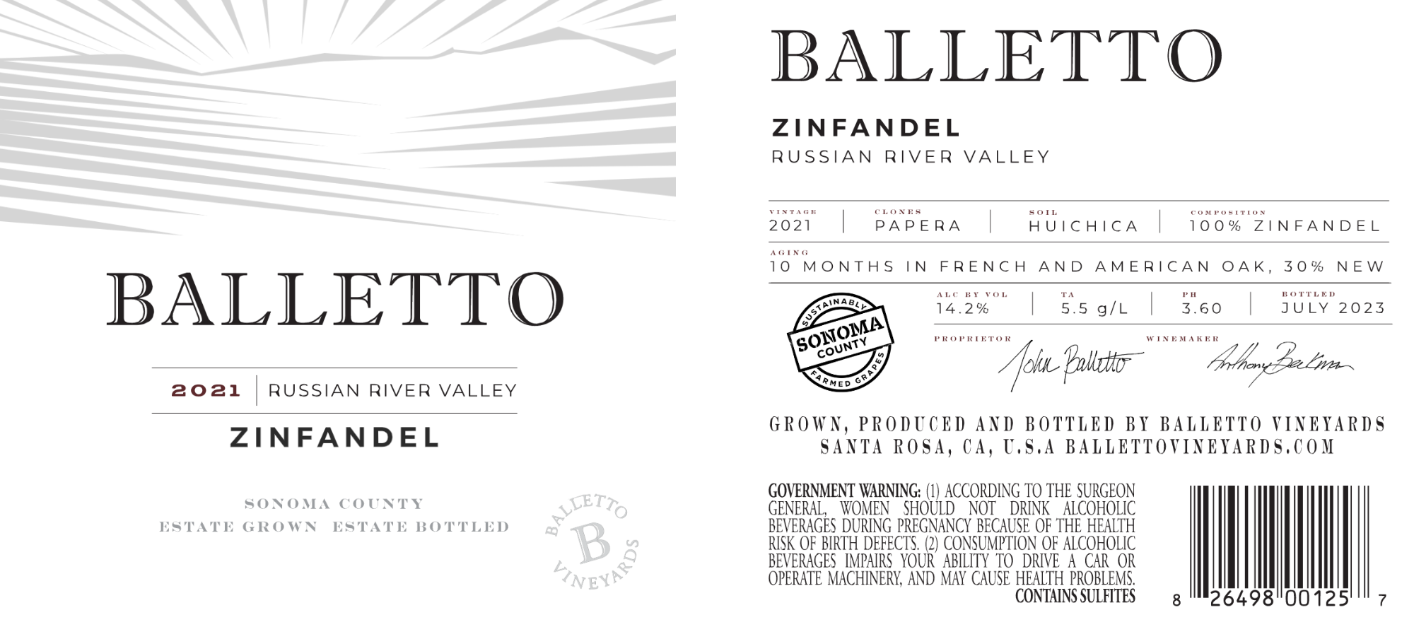 TABC label artwork for Balletto Vineyards Zinfandel