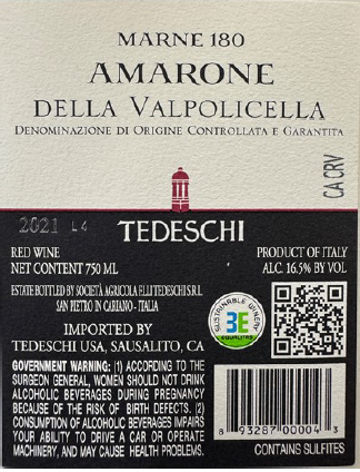 TABC label artwork for Tedeschi Marne 180 Amarone della Valpolicella Red