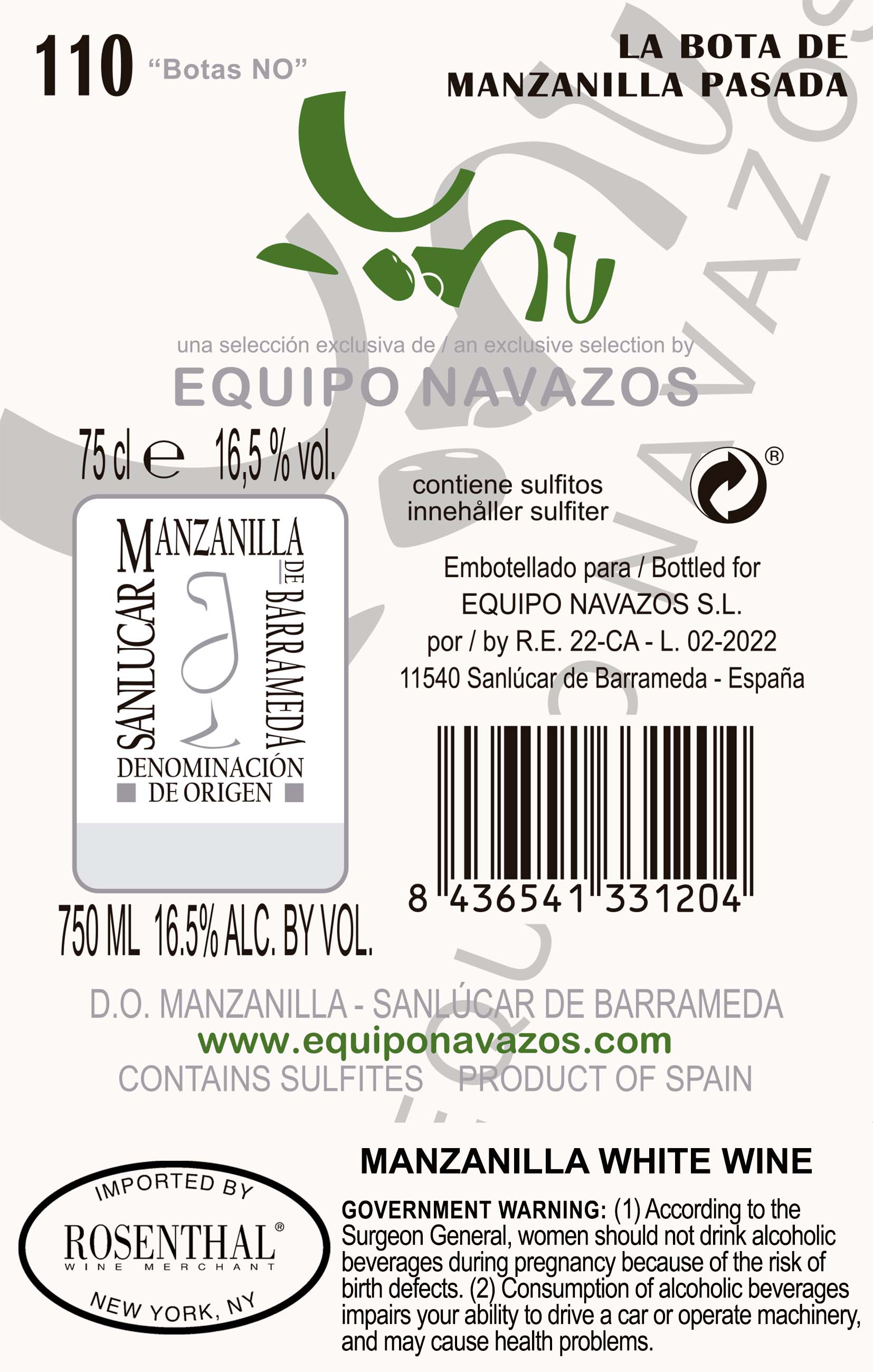 TABC label artwork for Equipo Navazos Manzanilla Pasada (La Bota 110 - Capataz Cabo) Sanlucar de Barrameda