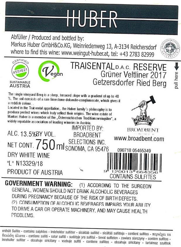 TABC label artwork for HUBER RIED BERG GRUNER VELTLINER