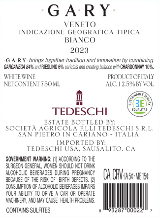 TABC label artwork for Tedeschi Gary Garganega, Riesling, Chardonnay Veneto