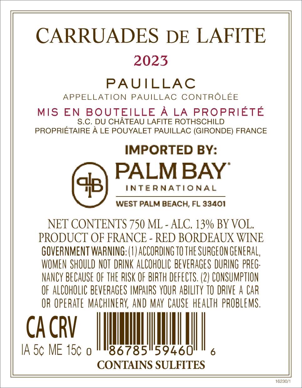 TABC label artwork for CARRUADES DE LAFITE PAUILLAC RED