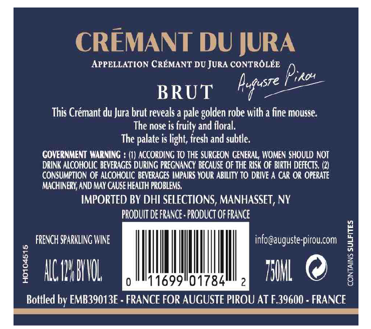 TABC label artwork for Auguste Pirou Cremant du Jura Brut