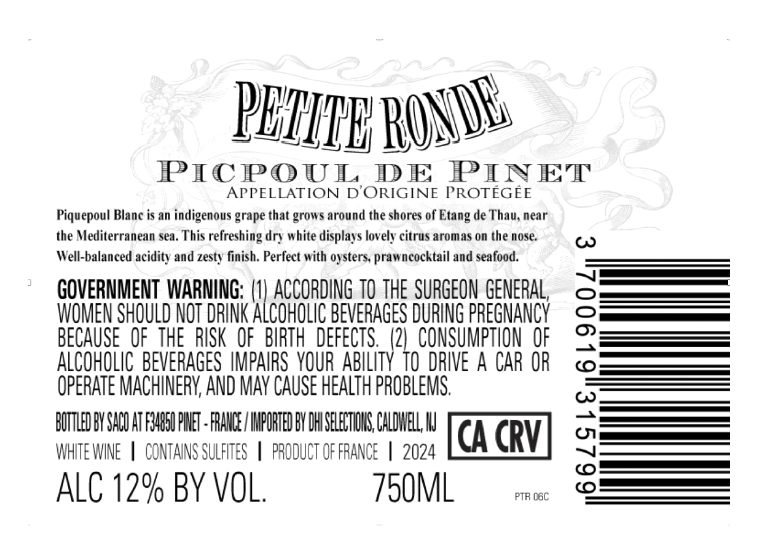 TABC label artwork for Petite Ronde, AOP Picpoul de Pinet