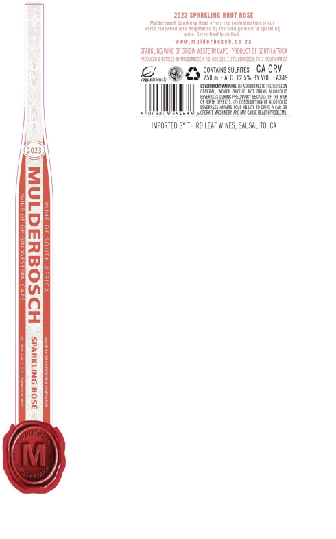 TABC label artwork for Mulderbosch Cabernet Sauvignon Sparkling Rose Wine of Origin Western Cape