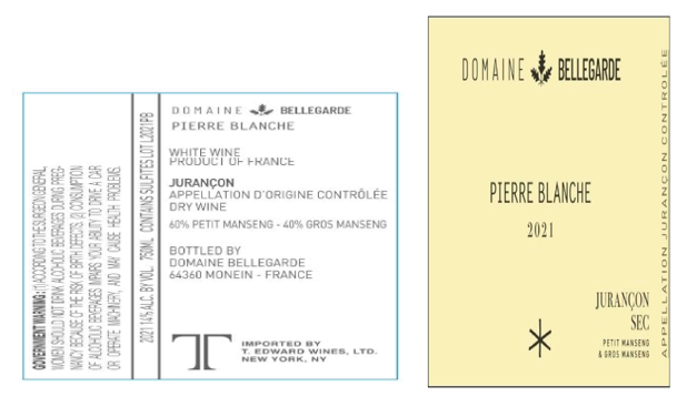 TABC label artwork for Domaine Bellegarde Jurancon Sec 'Pierre Blanche'