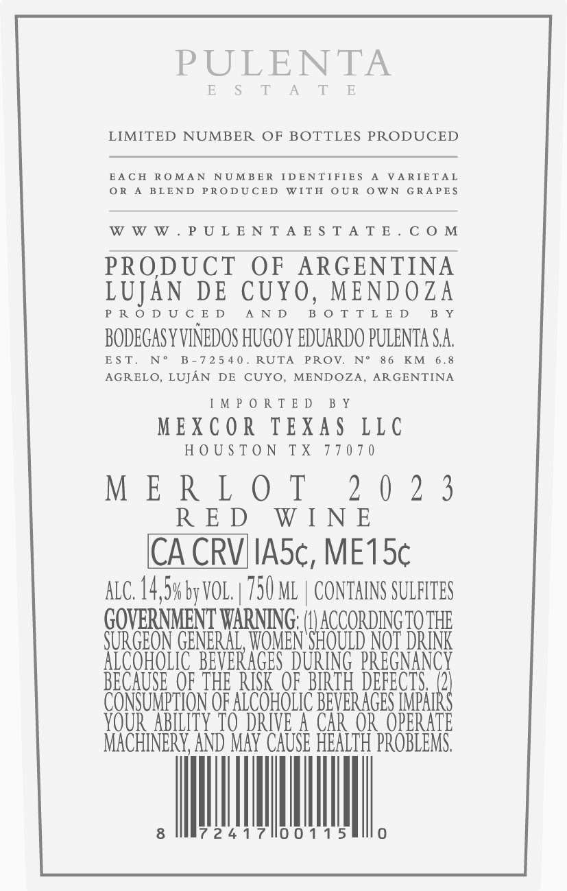 TABC label artwork for Pulenta Estate Merlot